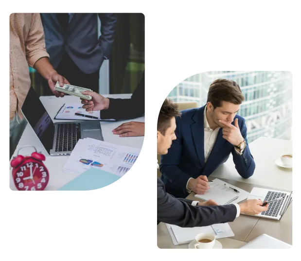 Investor Giving Money to Entrepreneur and Employees Having Discussion on Company Growth